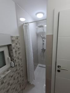 萨拉热窝Nahorevska vikendica的带淋浴和浴帘的浴室