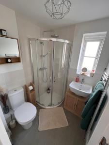 SacristonDurham Homestay的带淋浴、卫生间和盥洗盆的浴室