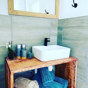 克拉伦斯Kingsbrook Pods的浴室水槽位于带镜子的木台面上