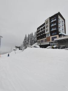 亚霍里纳Rajska Jahorina 2212的滑雪者在建筑物前的雪覆盖的斜坡上滑雪