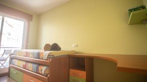 阿瓜尔达Apartamento nuevo al lado de la playa en A Guarda的一间卧室配有一张床、一张书桌和一个窗户。