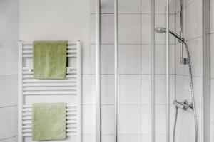 索尔登索尔登公寓的带淋浴和绿色毛巾的浴室