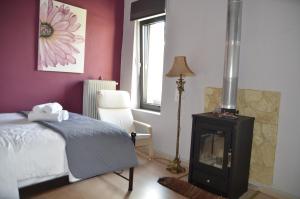 约阿尼纳Persefoni's Home的卧室配有床、壁炉和窗户。