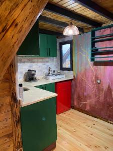 İznikBungalow In Iznik的厨房设有绿色和红色的橱柜和窗户。