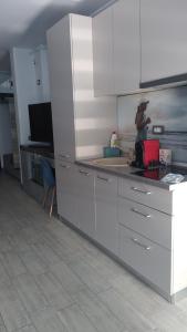 那沃达利Studio Alezzi Beach Resort Ely的厨房配有白色橱柜,水槽里有人