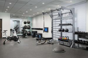 拉皮德城Tru By Hilton Rapid City Rushmore, Sd的一间健身房,里面装有几台机器和重量器械