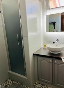沃内勒Villa Victoire 3 chambres的一间带水槽和玻璃淋浴的浴室