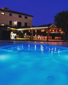 阿谢亚维多利亚度假酒店的夜间大型蓝色游泳池