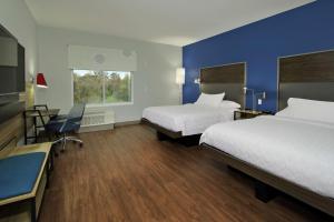 韦科Tru By Hilton Waco South的酒店客房设有两张床和蓝色的墙壁。