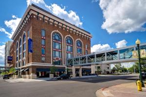 卡拉马祖Hilton Garden Inn Kalamazoo Downtown的前面有一座桥的大砖砌建筑