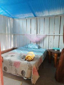 圣何塞德尔瓜维亚雷FINCA AGROTURISTICA VILLA MANE的一间卧室配有一张蓝色天花板的床