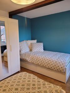 巴尔L'Appart avec terrasse - centre historique的一间卧室设有一张床和蓝色的墙壁