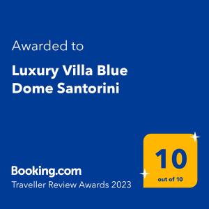 易莫洛林Luxury Villa Blue Dome Santorini的黄色标志,文字被授予豪华别墅蓝色圆顶桑蒂米
