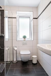 苏尔Ferienwohnung Suhl/ Wichtshausen的一间带卫生间、水槽和窗户的浴室