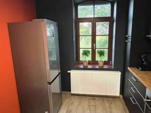 韦姆Appartement situé dans la nature des Hautes-Fagnes的厨房配有冰箱和窗户。