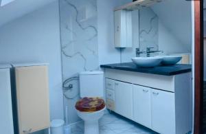 科马尔诺JÓKAI Apartman的白色的浴室设有卫生间和水槽。