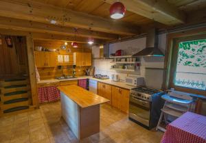 考斯赛力克Chata MTB的厨房配有木制橱柜和炉灶烤箱。