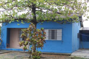 伊利亚孔普里达Temporada no Paraíso的前面有一棵树的蓝色房子