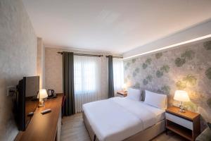特拉布宗MELL City Hotel Trabzon的酒店客房设有一张大床和一台电视。