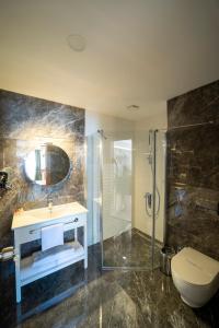 特拉布宗MELL City Hotel Trabzon的一间带水槽、淋浴和卫生间的浴室