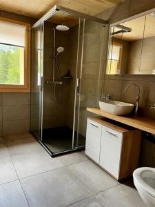 上瓦尔德奥伯瓦尔德体育酒店的一间带玻璃淋浴和水槽的浴室