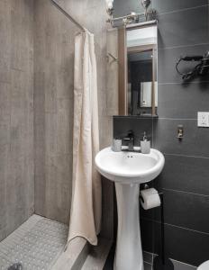 纽约Modern Luxury 3BD and 2BA in the Heart of East Village的浴室配有白色水槽和淋浴。