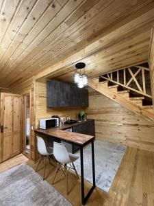 博斯特里WooD_House_Issyk-Kul的一间厨房,里面配有桌子和两把椅子