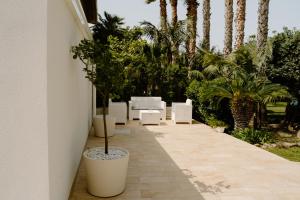 雷焦卡拉布里亚Villa Angelica - Casa Vacanze的庭院设有白色椅子和棕榈树