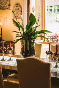 贝加莫瓦莱塔勒莱斯酒店的一张桌子,上面有花瓶,上面有植物