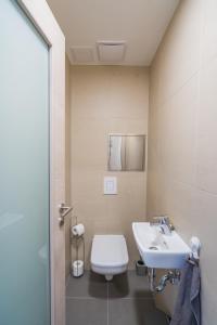 希欧福克Római Ház 1. Emma Apartman的浴室配有白色卫生间和盥洗盆。