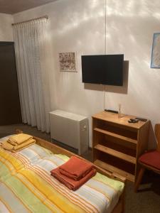 锡默拉特Waldblick的一间卧室配有一张床、一台电视和一把椅子