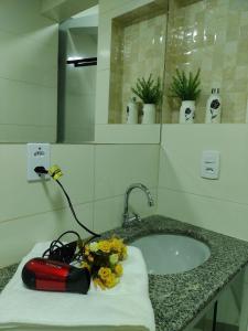 巴西利亚A 5 km do aeroporto no centro do Nucleo Bandeirante的浴室柜台配有水槽,上面装有红色瓶子