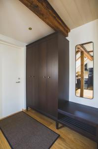 沃鲁Jüri tn Apartment B的一间设有木制橱柜和镜子的客房
