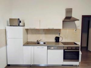 里耶卡Apartman Di Matea的厨房配有白色橱柜、水槽和微波炉