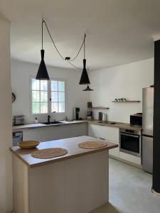 普罗旺斯艾克斯Le Verger的一间厨房,内有白色的橱柜和岛屿