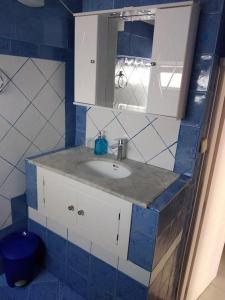 斯基亚索斯镇Like my house的蓝色和白色的浴室设有水槽和镜子