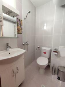 布尔加斯Кай Apartment's Sarafovo的浴室配有卫生间、盥洗盆和淋浴。