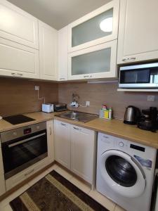布尔加斯Кай Apartment's Sarafovo的厨房配有洗衣机和水槽