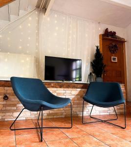 奇强卡Agro - Dom Wsrod Lasow的客厅设有两把蓝色椅子,配有电视