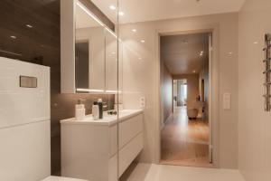 特罗姆瑟Vindlys Luxury Penthouse Apartment的一间带水槽和镜子的浴室