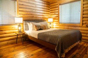 帕戈萨斯普林斯High Creek Lodge and Cabins的小木屋内一间卧室,配有一张床