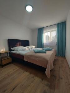 米科瓦伊基Pokoje i apartamenty MatDar的一间卧室配有一张带蓝色枕头的床和一扇窗户。