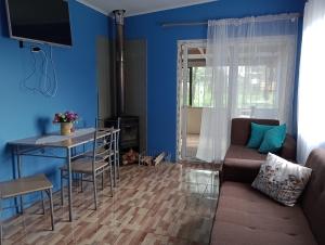 奥索尔诺CABAÑA OSORNO Ruta 215的蓝色的客厅配有沙发和桌子