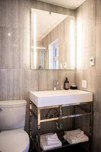 萨格奈希库蒂米酒店的一间带水槽、卫生间和镜子的浴室