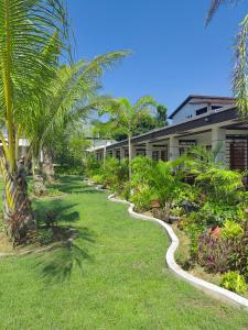 巴旺Marand Beach Resort的一条穿过棕榈树庭院和建筑的小路