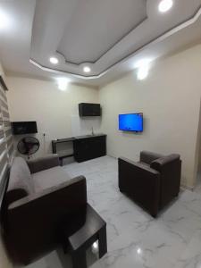 AroF and B serviced apartment Abeokuta的带沙发和平面电视的客厅