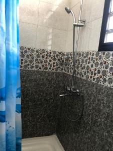 马哈赞加Hôtel Tropicana Majunga的带淋浴的浴室(带盥洗盆和卫生间)