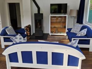 策德尼克Ferienhaus Am See 19的客厅配有蓝色和白色的家具和壁炉