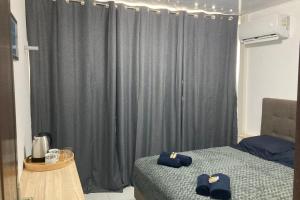 帕皮提"Frangipani" city center room的一间卧室配有两张床和灰色窗帘