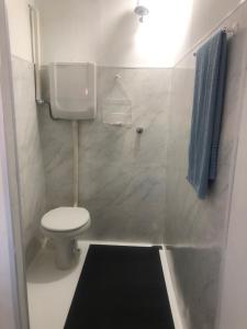 巴西利亚Pousada 714的一间带卫生间和蓝毛巾的小浴室